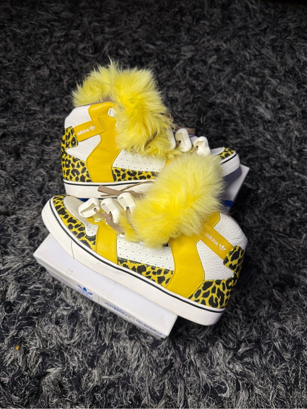 Adidas x Jeremy Scott leopard print yellow fur and bones